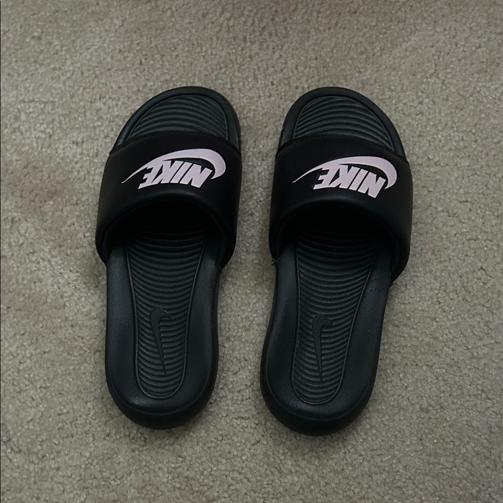 Nike Black and Light Pink Slide Sandals